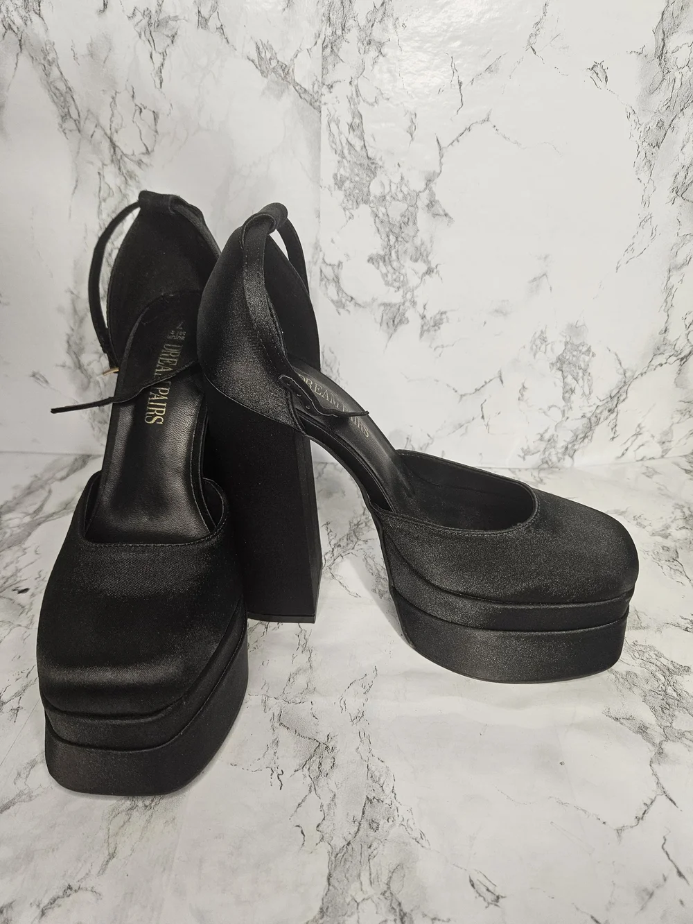 Dream Pairs Black Satin Platform Slingback Heels